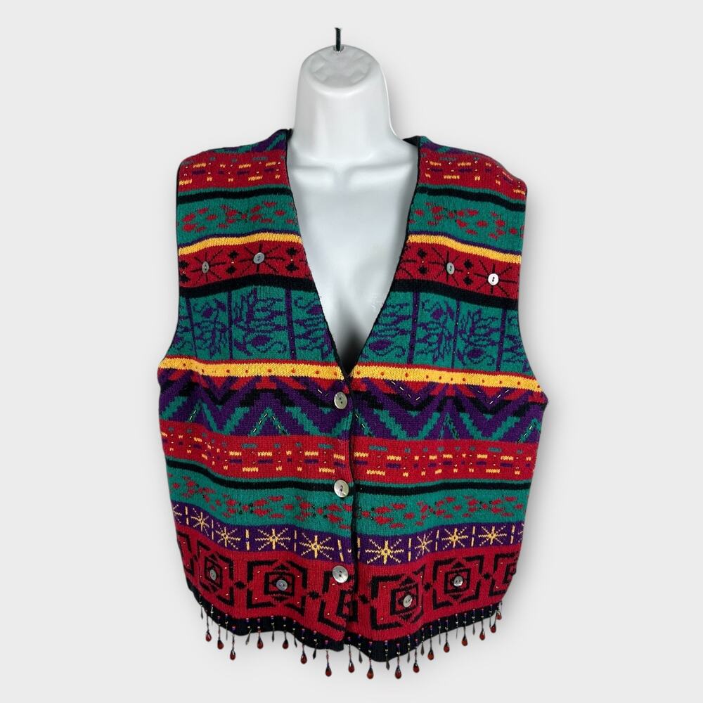 90s Carole Little Red Striped Knitted Beaded Fringe‎ Colorful Boho Vest Large